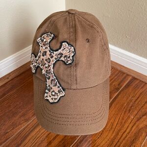 Brown Baseball Cap with Bling Cross